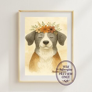 Meditating Dog Wall Art | Instant Digital Download | Boho Dog with Flower Crown | Calm Pet Decor Print | Wild Aubergine