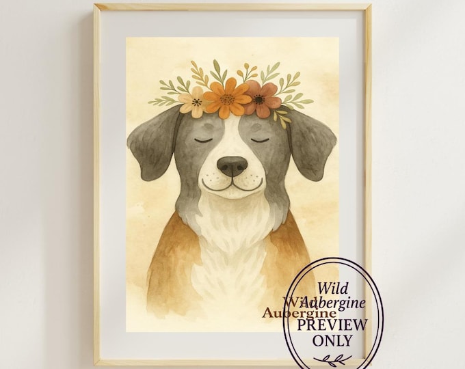 Meditating Dog Wall Art | Digital Art Download | Boho Dog with Flower Crown | Calm Pet Decor Printable | Wild Aubergine