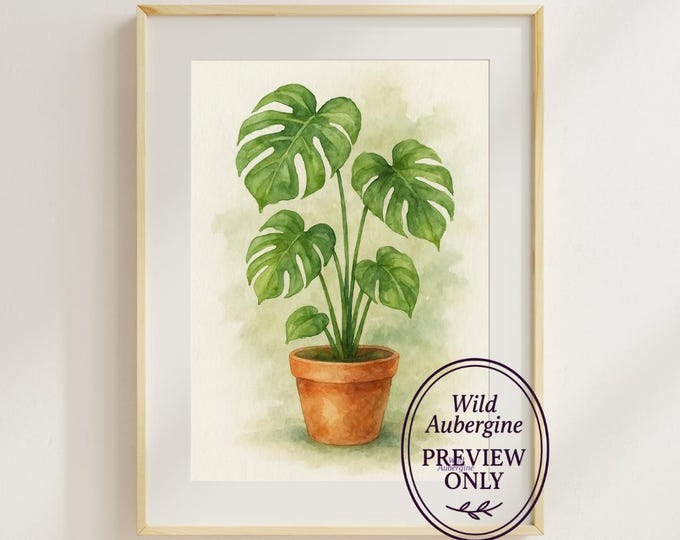 Watercolor Monstera Plant in Terracotta Pot | Digital Art Download | Nature-Inspired Wall Decor | Minimalist Printable | Wild Aubergine