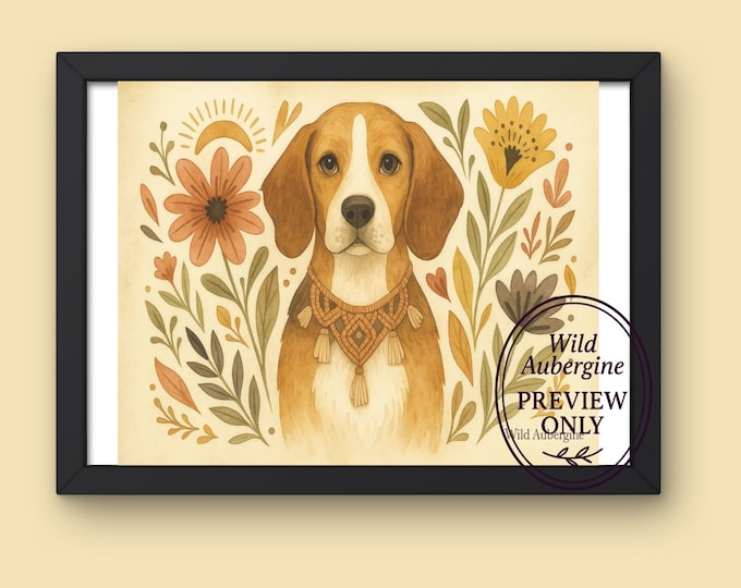 Beagle Floral Wall Art | Digital Art Download | Dog with Macramé Scarf | Boho Pet Lover Printable | Wild Aubergine