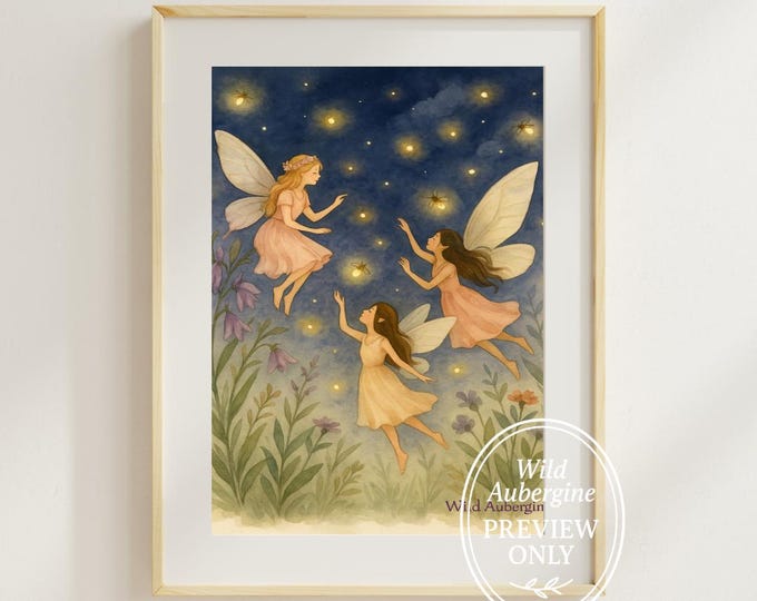 Fairies’ Night Trio Wall Art | Digital Art Download | Moonlight Fairy Printable with Flowers | Boho Whimsical Decor | Wild Aubergine