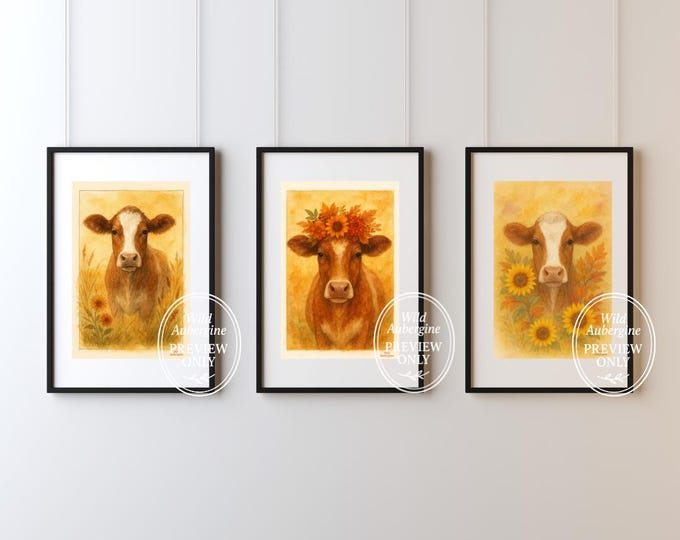 Cow Print Set of 3: Rustic Farmhouse Sunflower Wall Art (Digital Download)
