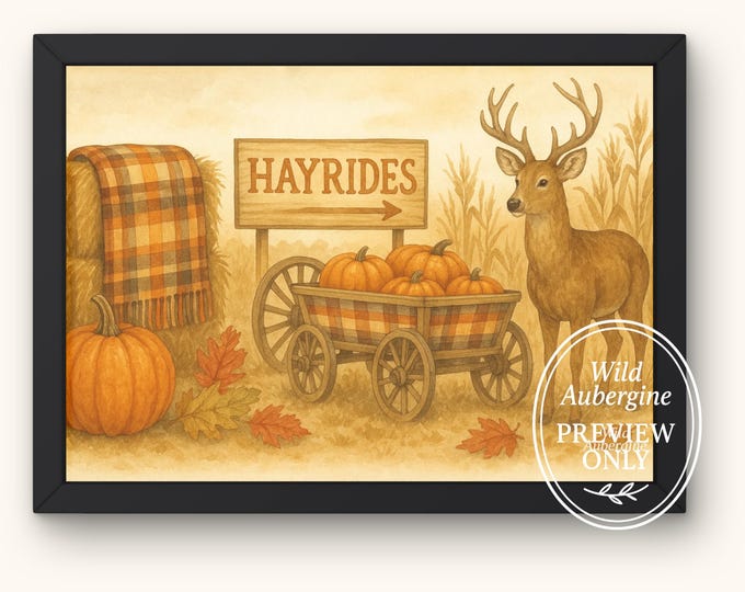 Rustic Fall Hayride Scene | Pumpkin Cart, Deer & Autumn Leaves  | Digital Art Download | Cozy Autumn Decor | Rustic Print | Wild Aubergine