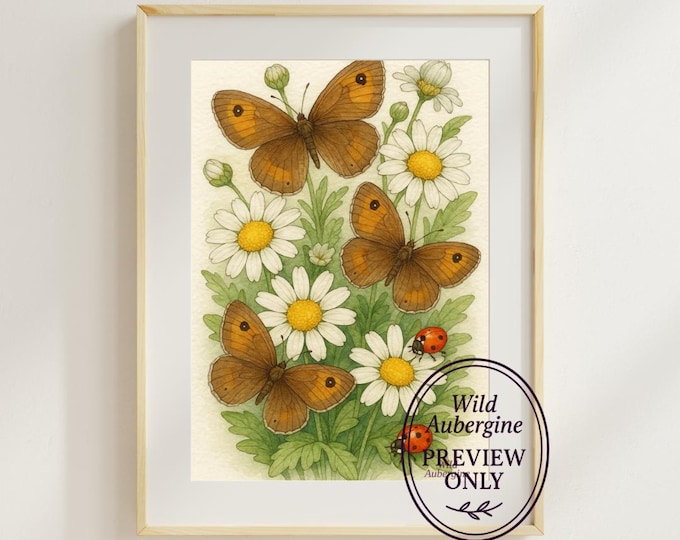 Butterflies, Ladybugs & Daisies Watercolor Print | Digital Art Download | Botanical Boho Pastel Nursery Decor | Wild Aubergine