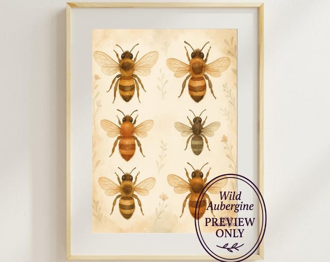 Bee Gallery Wall Art | 6 Bee Digital Print Download | Digital Art Printable | Botanical Insect Art | Wild Aubergine