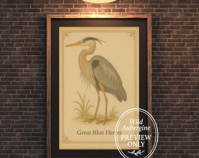 Great Blue Heron Vintage Bird Print | Coastal Wildlife Wall Art | Digital Download | Wild Aubergine