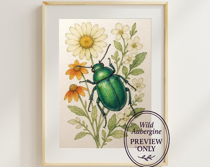 Green Beetle Botanical Watercolor Art Print | Wildflower Nature Illustration | Instant Digital Download | Wild Aubergine