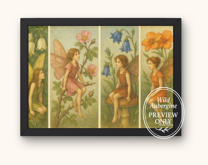 Four Daylight Fairies Wall Art | Digital Art Download | Boho Fairy Print | Botanical Whimsy Decor | Wild Aubergine