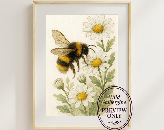 Bumble Bee and Daisy Watercolor Print | Botanical Wall Art Printable | Cottagecore Nature Art | Bee & Flower Illustration – Wild Aubergine