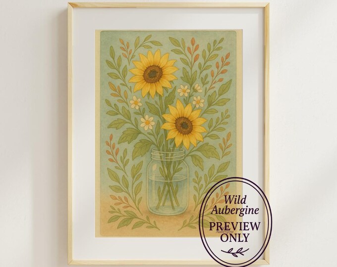Sunflower Bouquet in Mason Jar Printable | Digital Art Download | Boho Nature Decor | Wild Aubergine