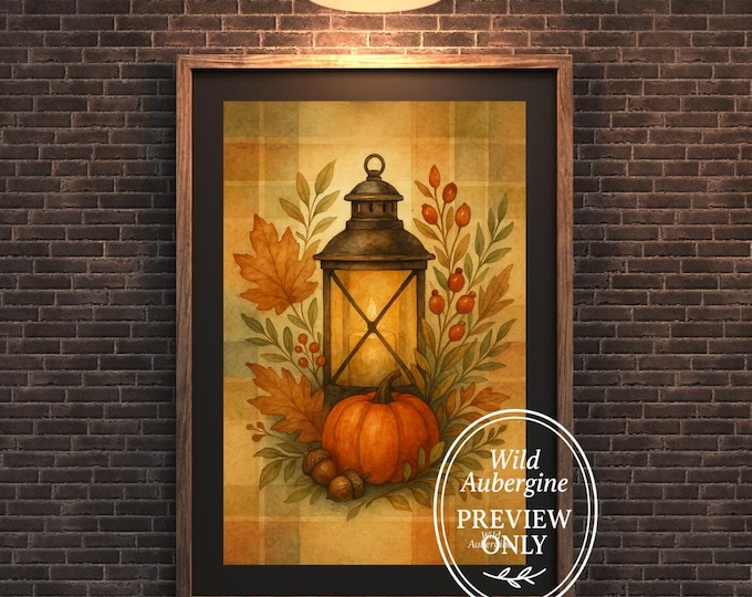 Fall Lantern Wall Art: Pumpkin & Autumn Leaves Watercolor Print (Digital Download)