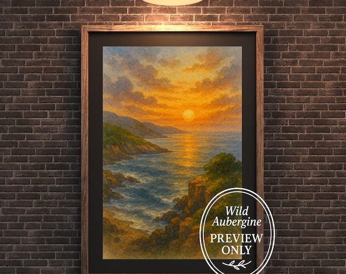 Coastal Sunset Wall Art: Watercolor Ocean Cliff Landscape Print (Digital Download)