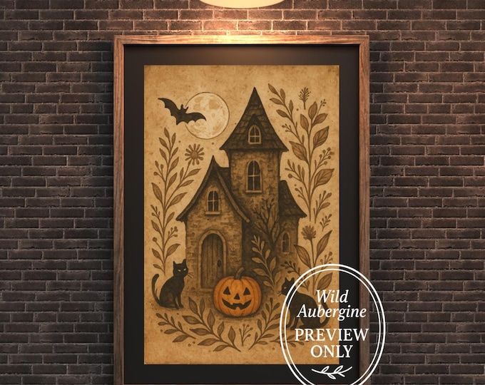 Vintage Halloween Haunted House Print | Black Cat, Pumpkin & Moon Wall Art | Spooky Autumn Printable | Wild Aubergine