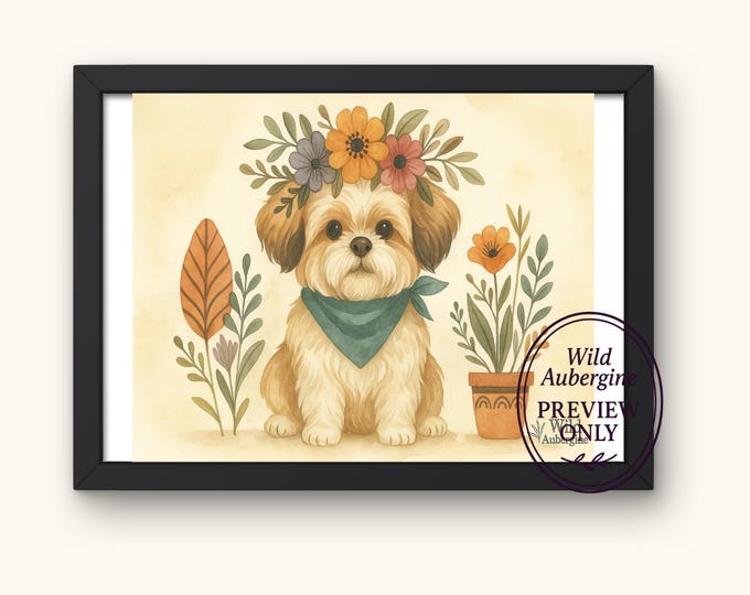 Shih Tzu Floral Crown Print | Digital Art Download | Boho Botanical Dog Wall Art | Pet Lover Gift | Wild Aubergine