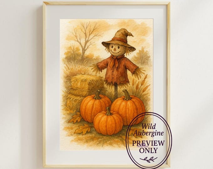 Watercolor Scarecrow & Pumpkins | Digital Art Download | Cozy Autumn Decor | Rustic Print | Wild Aubergine