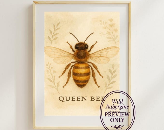 Queen Bee Wall Art Printable | Digital Art Download | Regal Botanical Bee Print | Boho Nature Decor | Wild Aubergine