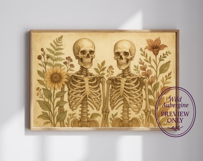 Botanical Skeleton Art Print | Whimsical Gothic Wall Art | Floral Skeleton Couple Decor | Vintage Style Halloween Printable | Wild Aubergine