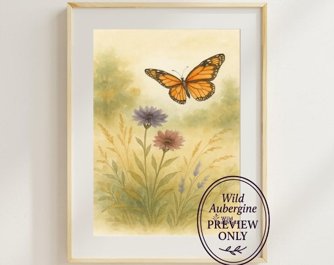 Field of Flowers with Butterfly | Digital Art Download | Botanical Nature Wall Art | Boho Spring Decor | Wild Aubergine