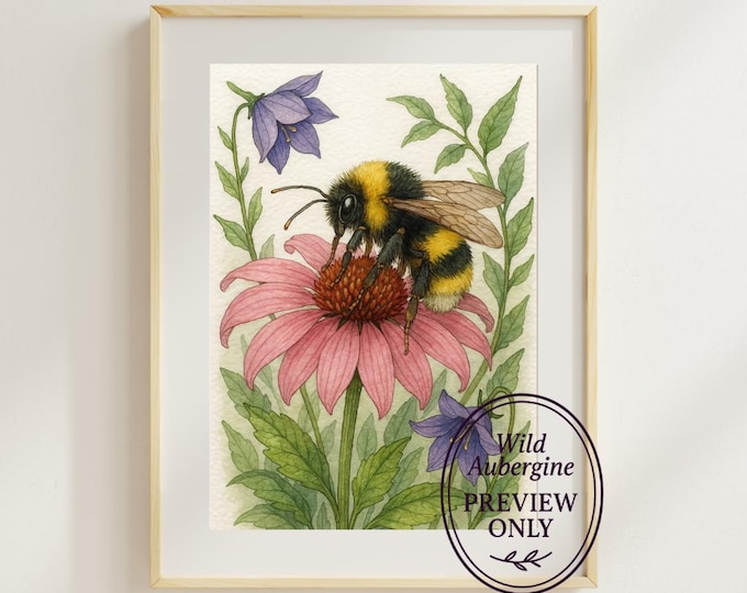 Bumblebee and Pink Coneflower Print | Botanical Wall Art Printable | Cottagecore Nature Art | Bee & Flower Illustration | Wild Aubergine
