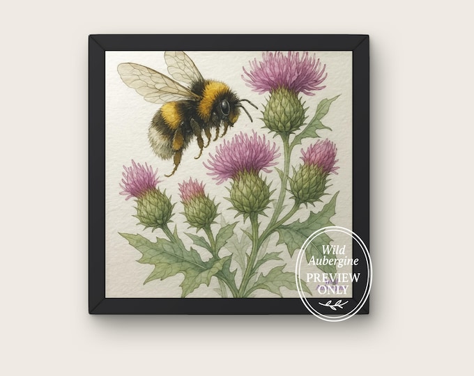 Bumblebee and Thistle Watercolor Print | Botanical Wall Art Printable | Cottagecore Nature Art | Bee & Flower Illustration | Wild Aubergine