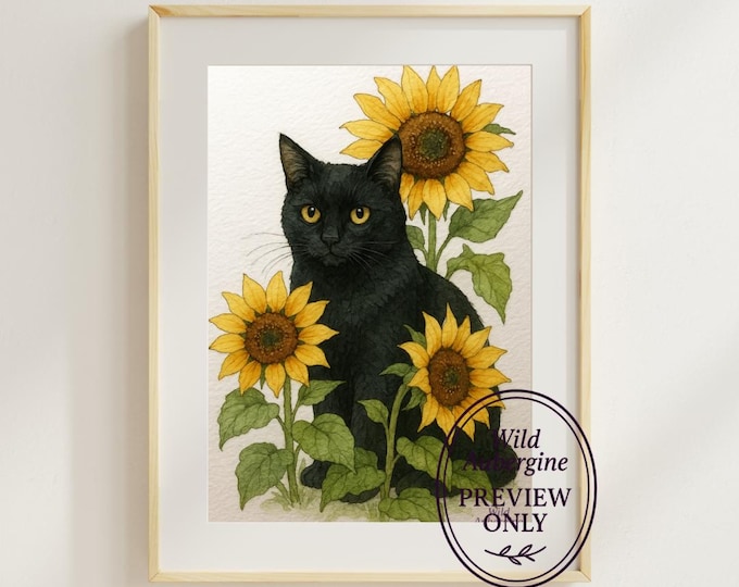 Black Cat with Sunflowers | Watercolor Botanical Digital Print | Wild Aubergine
