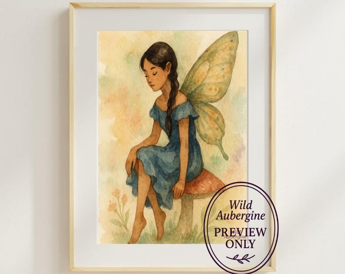 Fairy on Mushroom Wall Art | Digital Art Download | Daylight Fairy Printable | Boho Nature Nursery Decor | Wild Aubergine
