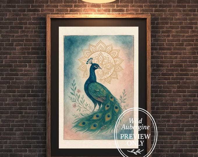 Peacock Wall Art: Elegant Watercolor Boho Bird Print with Mandala (Digital Download)