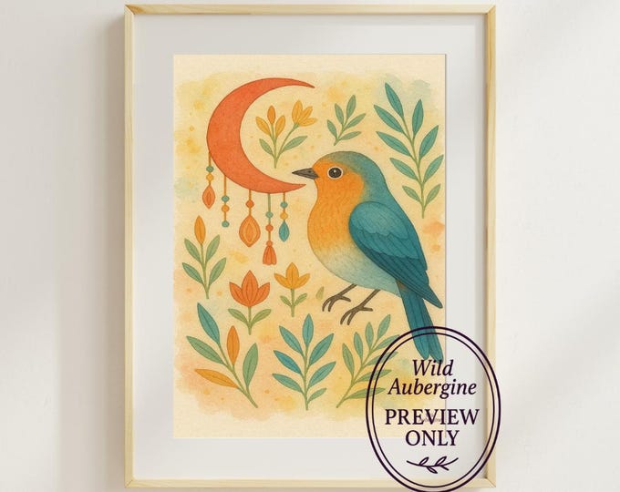 Boho Bird with Moon and Botanicals | Digital Art Download | Turquoise and Orange Wall Art | Wild Nature Decor | Wild Aubergine