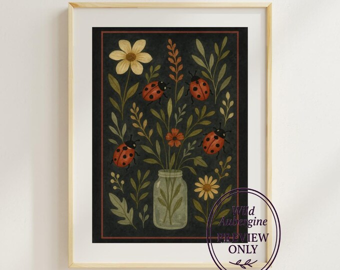 Ladybug Botanical Printable Wall Art – Whimsical Bug & Wildflower Mason Jar Art | Garden Decor | Digital Art Download | Wild Aubergine