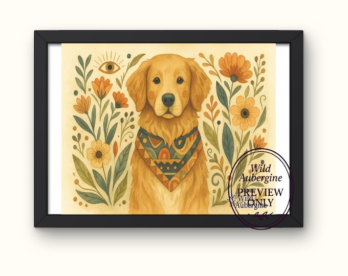 Boho Golden Retriever Print with Flowers | Dog Art Digital Download | Scarf Dog Wall Art | Pet Lover Printable | Wild Aubergine