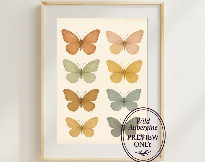 Eight Butterfly Wall Art | Digital Art Download | Botanical Insect Print | Boho Nature Decor | Wild Aubergine