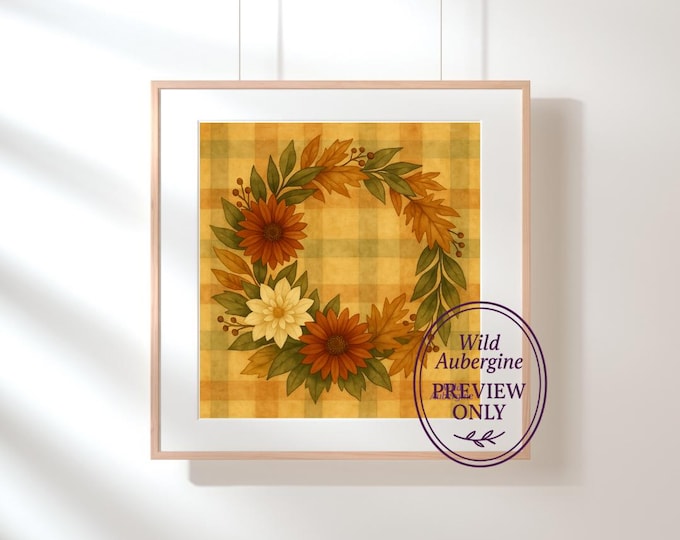 Fall Wreath Wall Art | Autumn Floral Watercolor with Plaid Background | Farmhouse Thanksgiving Digital Print | Wild Aubergine