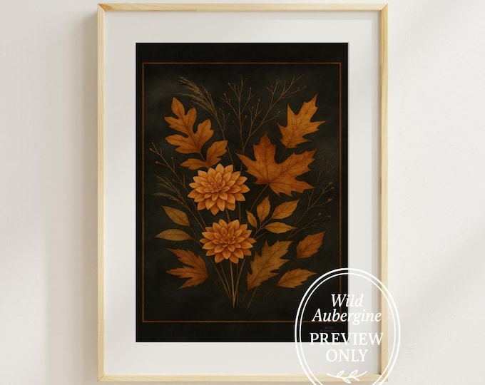 Autumn Botanical Wall Art Set – Warm Fall Leaves & Flowers Printable | Digital Art Download | Boho Nature Decor | Wild Aubergine