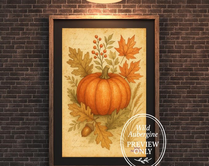 Vintage Pumpkin Botanical Print | Rustic Autumn Harvest Wall Art | Fall Decor Digital Download | Wild Aubergine