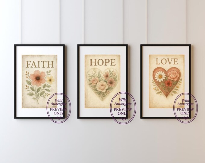 Faith Hope Love Wall Art Set | Vintage Floral Botanical Prints | Inspirational Digital Download | Wild Aubergine