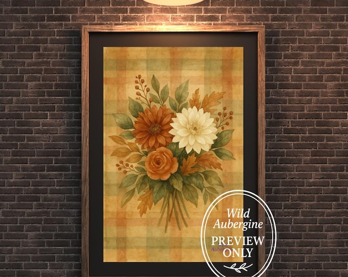 Fall Floral Bouquet Wall Art Print | Autumn Plaid Background | Digital Download | Wild Aubergine