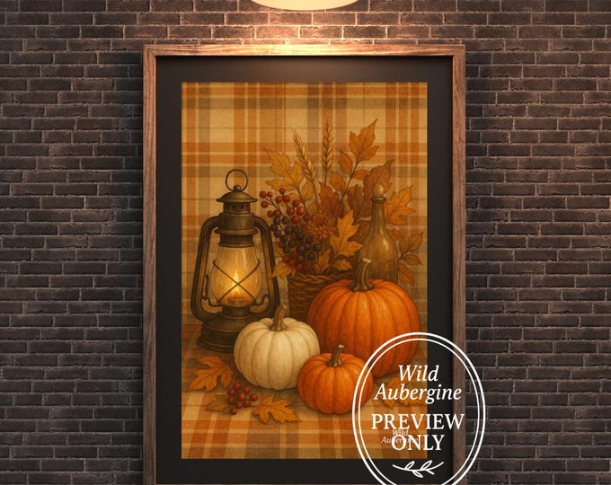 Rustic Fall Lantern Wall Art | Pumpkin and Autumn Leaves Plaid | Digital Download | Wild Aubergine