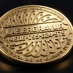 Op de afbeelding: Een ronde goudkleurige metalen medaille met reliëftekst die in het midden LASERGRAVUR en +4916-095-824-975 weergeeft, omringd door de zinnen LASERGRAVUR UND PERSONALISIERUNG en PRÄZISION BIS INS KLEINSTE DETAIL langs de randen.