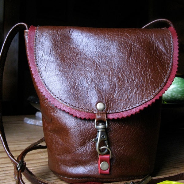 Brown Leather Bag with Red Trim