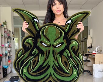 Green Creature Rug | Handcrafted Tufted Carpet | Fantasy Wall Art Rug | Custom Shaped Rug | Green Monster Wall Decor