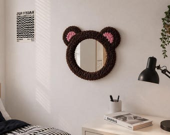Joli miroir nounours, miroir mural moelleux, décoration de chambre kawaii, miroir peluche fait main, cadeau d'art mural esthétique pour chambre à coucher