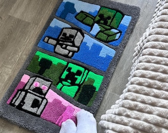 May include: A rectangular tufted rug featuring a four-panel graphic design inspired by Minecraft characters. The rug displays pixelated green creepers, a white skeleton, and a gray figure with pink eyes against blue, green, and pink backgrounds.