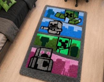Pixel Art Area Rug, Handmade Custom Tufted Floor Rug, Soft Acrylic Gaming Room Decor Block Style Bedroom Rug, Unique Handmade Gift