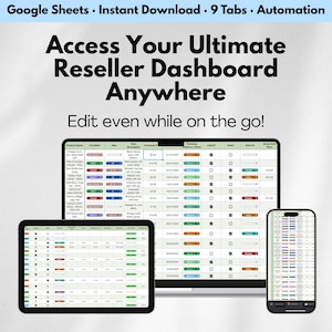 Pode incluir: Um painel digital para revendedores exibido em um laptop, tablet e smartphone. As telas mostram tabelas de dados com informa&ccedil;&otilde;es do produto. O texto na parte superior diz "Google Sheets &bull; Download instant&acirc;neo &bull; 9 abas &bull; Automa&ccedil;&atilde;o".