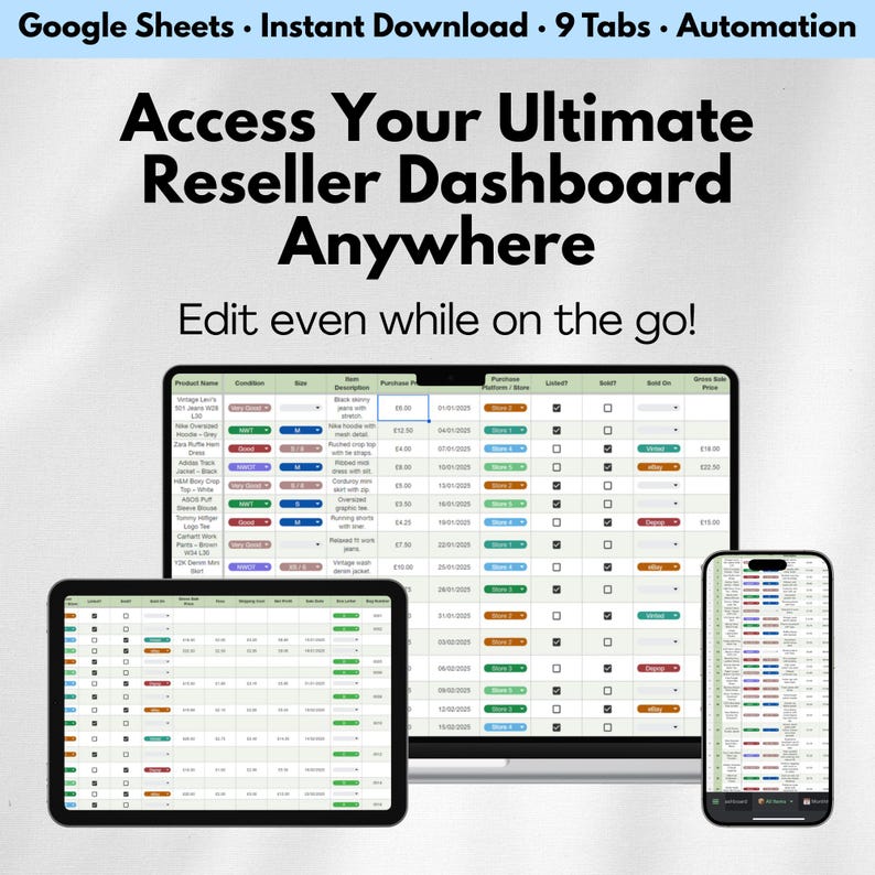 Pode incluir: Um painel digital para revendedores exibido em um laptop, tablet e smartphone. As telas mostram tabelas de dados com informa&ccedil;&otilde;es do produto. O texto na parte superior diz "Google Sheets &bull; Download instant&acirc;neo &bull; 9 abas &bull; Automa&ccedil;&atilde;o".