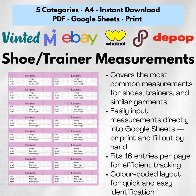Clothing Measurement Template Guide for Resellers, Printable Chart for Poshmark eBay Depop Vinted, Digital Reseller Tools PDF Spreadsheet