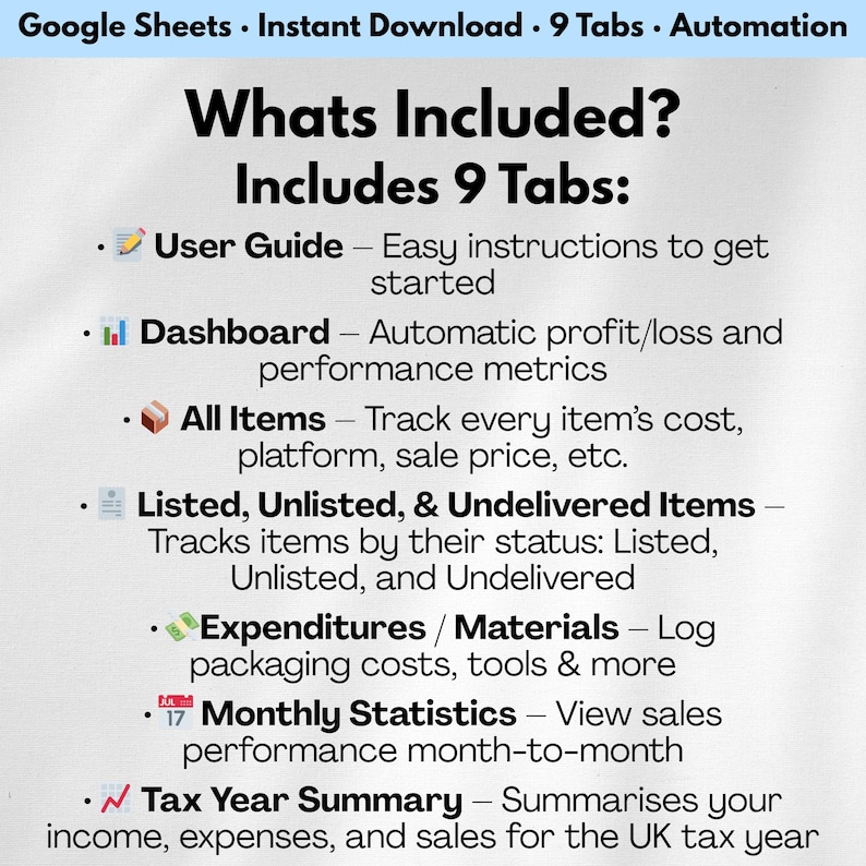 Pode incluir: An&uacute;ncio de um produto digital com o texto "Google Sheets &bull; Download instant&acirc;neo &bull; 9 abas &bull; Automa&ccedil;&atilde;o." A imagem lista as abas inclu&iacute;das: Guia do usu&aacute;rio, Painel, Todos os itens, Itens listados, Despesas, Estat&iacute;sticas mensais e Resumo do ano fiscal.