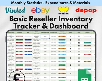 Reseller Spreadsheet Google Sheets Manage Inventory Sales Profit Tracker for eBay Vinted Depop Small Business Template Online Seller Tool UK