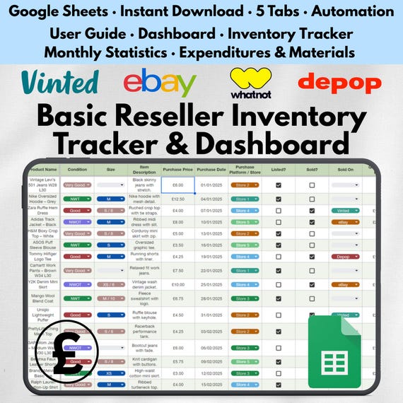 Reseller Spreadsheet Google Sheets Manage Inventory Sales Profit Tracker for eBay Vinted Depop Small Business Template Online Seller Tool UK