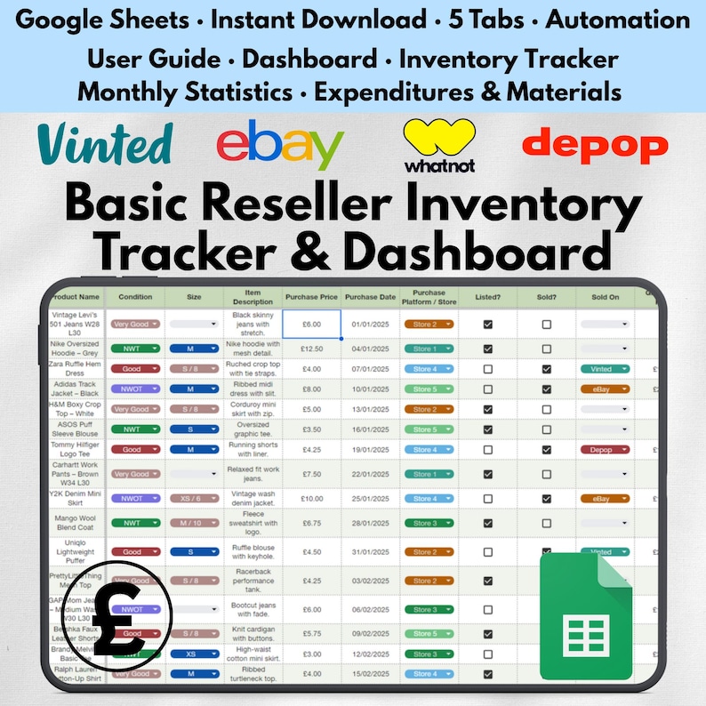 Digital reseller spreadsheet for Google Sheets shown on screen with inventory tracker, sales profit calculator, and monthly statistics. Perfect for eBay sellers, Vinted sellers, Depop sellers, online resellers, and small business owners. Includes inventory management, profit tracking, item log, and expenditures sheet. Editable Google Sheets template for reselling side hustle or full-time seller. Digital download reseller tool.